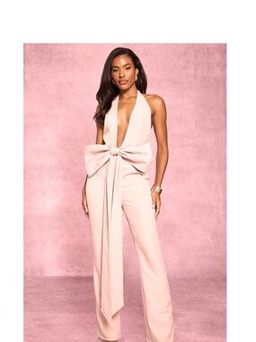 PrettyLittleThing Plunge Halter Jumpsuit with Oversized Front Bow - Pink US 10